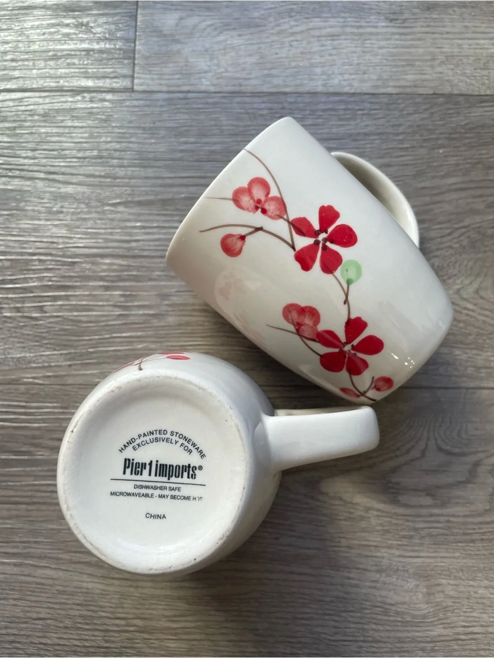 Pier 1 Imports 2pc Coffee Cup Mug Set Red Floral Hand Painted